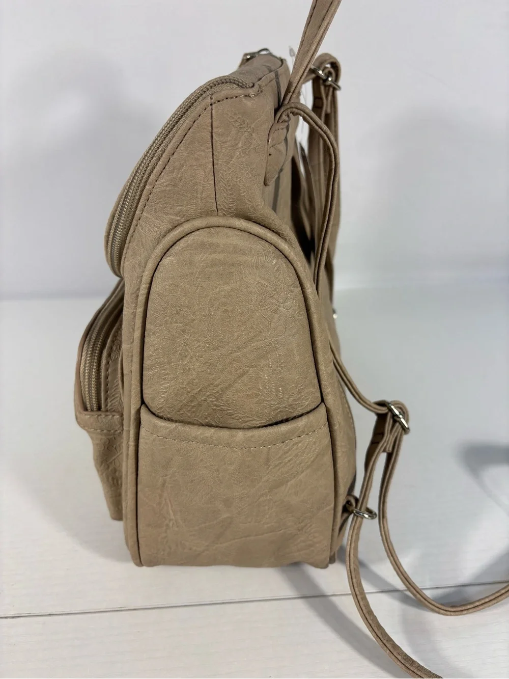 NWT MultiSac Taupe Vegan Leather Mini Backpack Purse Travel Organizer Floral